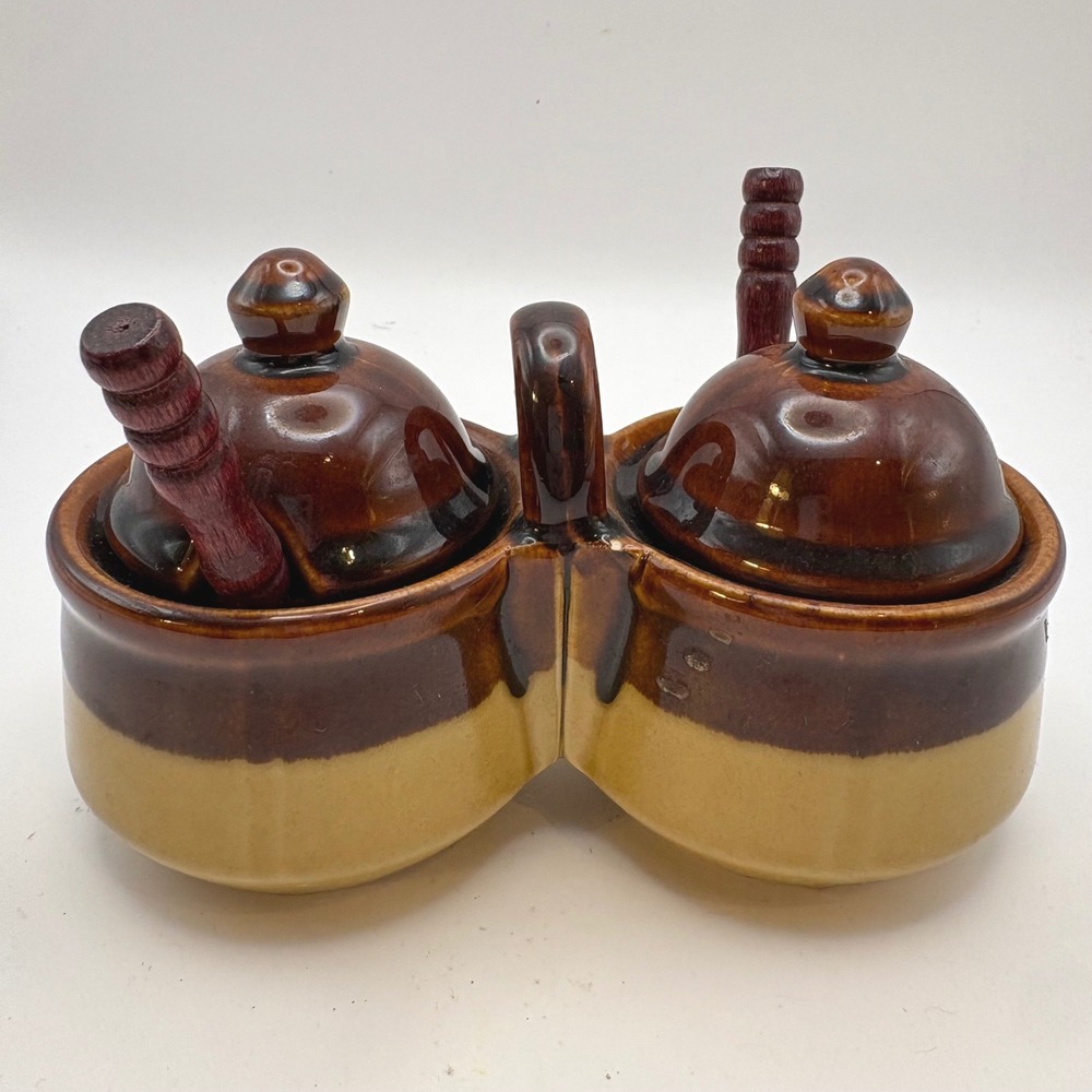 Vtg 70s Two Tone Drip Glaze Double Condiment Crock Caddy Taiwan MCM Jam Jelly